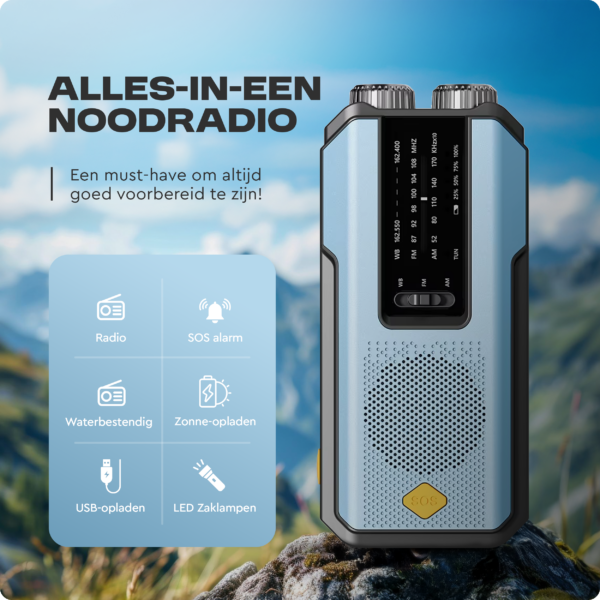 Noodradio Solar Opwindbaar, Noodradio, Powerbank, Zonne-energie, Opwindbaar, Draagbare, Zaklamp, Noodpakket, Powerbank zonneenergie, Draagbare radio, Noodradio opwindbaar en batterij, Opwindbare radio, Nood radio, Opladen, Oplader, USB Oplader, Outdoor, Radio, Rampen, Camping, Solar, Emergency, AM, FM, SOS, USB oplaadbaar, USB, Compact,