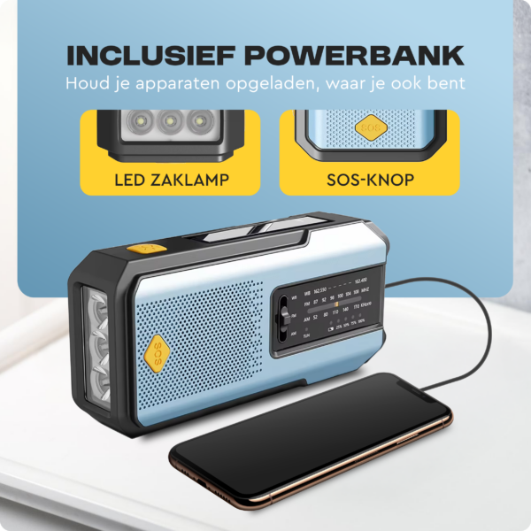 Noodradio Solar Opwindbaar, Noodradio, Powerbank, Zonne-energie, Opwindbaar, Draagbare, Zaklamp, Noodpakket, Powerbank zonneenergie, Draagbare radio, Noodradio opwindbaar en batterij, Opwindbare radio, Nood radio, Opladen, Oplader, USB Oplader, Outdoor, Radio, Rampen, Camping, Solar, Emergency, AM, FM, SOS, USB oplaadbaar, USB, Compact,