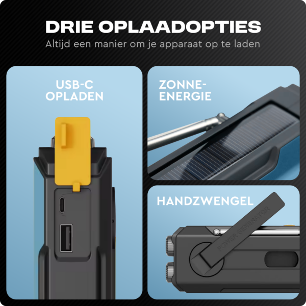 Noodradio Solar Opwindbaar, Noodradio, Powerbank, Zonne-energie, Opwindbaar, Draagbare, Zaklamp, Noodpakket, Powerbank zonneenergie, Draagbare radio, Noodradio opwindbaar en batterij, Opwindbare radio, Nood radio, Opladen, Oplader, USB Oplader, Outdoor, Radio, Rampen, Camping, Solar, Emergency, AM, FM, SOS, USB oplaadbaar, USB, Compact,