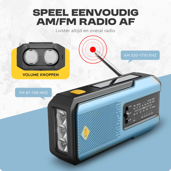 Noodradio Solar Opwindbaar, Noodradio, Powerbank, Zonne-energie, Opwindbaar, Draagbare, Zaklamp, Noodpakket, Powerbank zonneenergie, Draagbare radio, Noodradio opwindbaar en batterij, Opwindbare radio, Nood radio, Opladen, Oplader, USB Oplader, Outdoor, Radio, Rampen, Camping, Solar, Emergency, AM, FM, SOS, USB oplaadbaar, USB, Compact,
